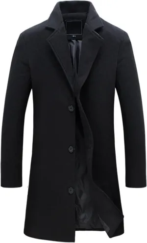 Trench Coat Men Single Breasted Wool Blend Coat, Notched Lapel Mid Length Pea Coat, Warm Winter Trench Coat With Pockets
