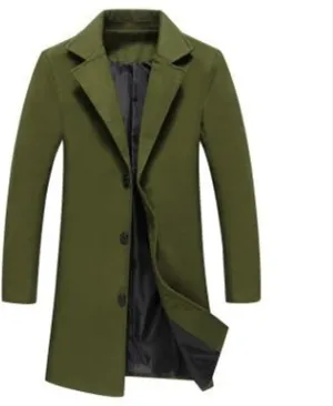 Trench Coat Men Single Breasted Wool Blend Coat, Notched Lapel Mid Length Pea Coat, Warm Winter Trench Coat With Pockets