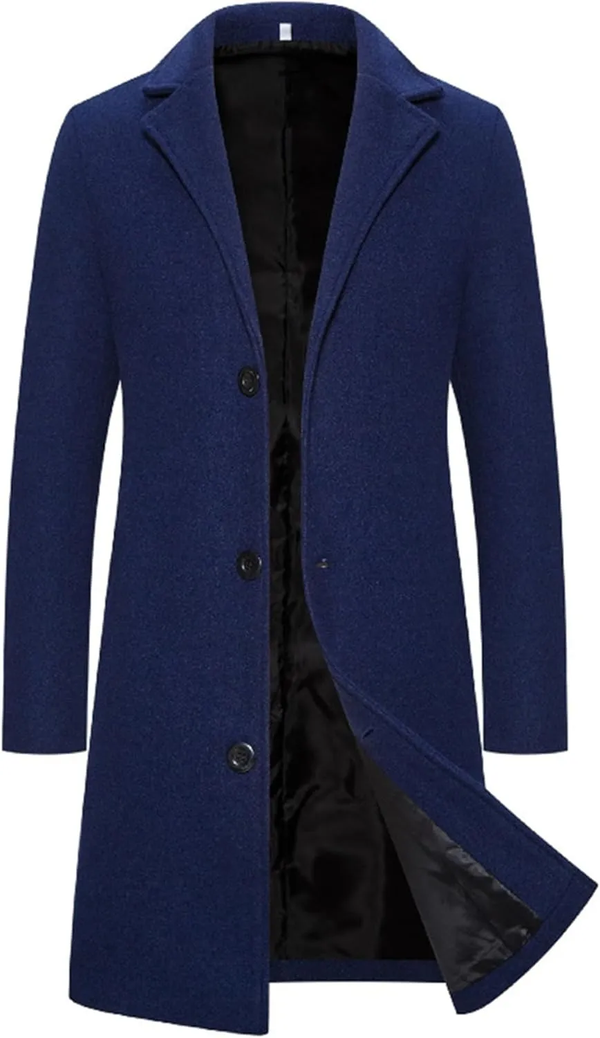 Trench Coat Men Single Breasted Wool Blend Coat, Notched Lapel Mid Length Pea Coat, Warm Winter Trench Coat With Pockets