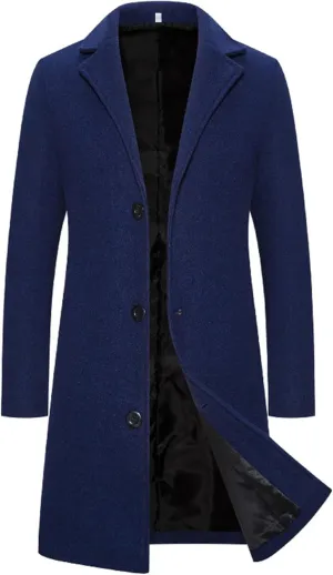 Trench Coat Men Single Breasted Wool Blend Coat, Notched Lapel Mid Length Pea Coat, Warm Winter Trench Coat With Pockets