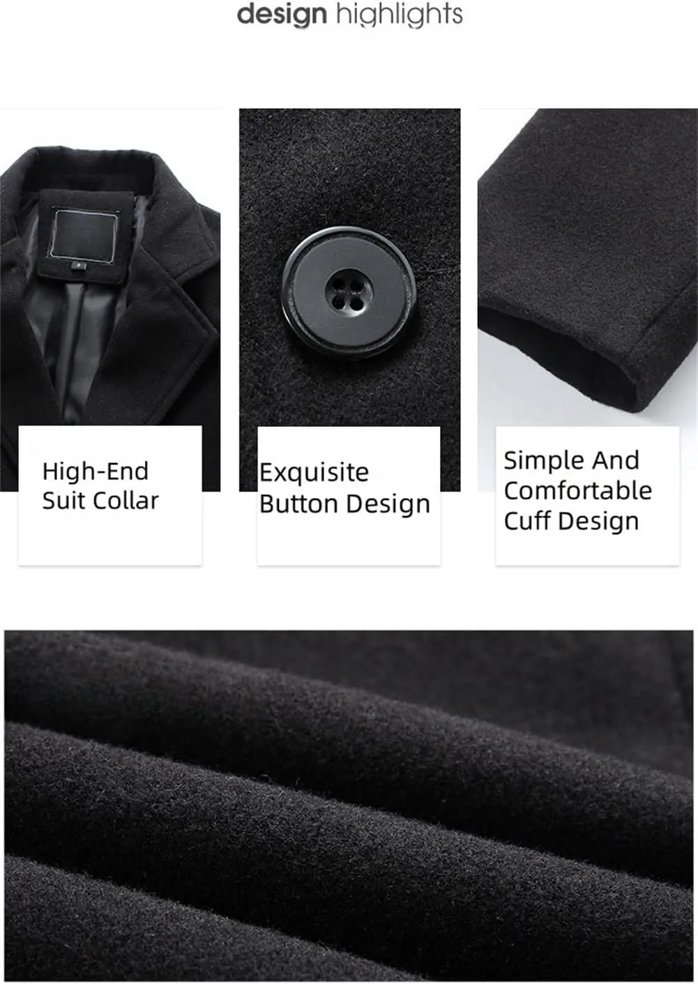 Trench Coat Men Single Breasted Wool Blend Coat, Notched Lapel Mid Length Pea Coat, Warm Winter Trench Coat With Pockets