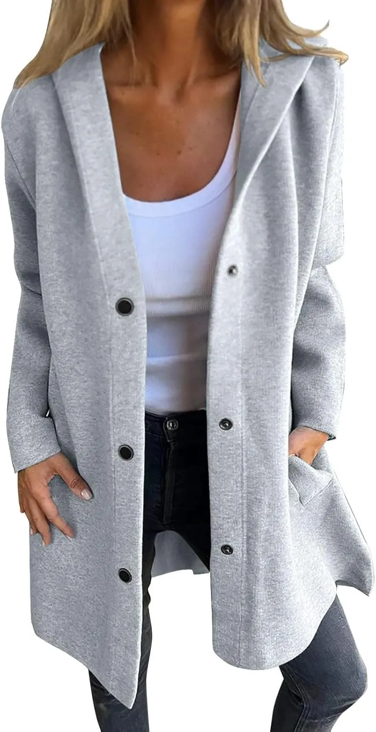 Trench Coat Women Dressy Casual Single Breasted Anoraks Hooded Jacket Lapel Neck Long Sleeve Coat Fall Winter Outwear