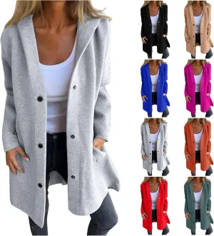 Trench Coat Women Dressy Casual Single Breasted Anoraks Hooded Jacket Lapel Neck Long Sleeve Coat Fall Winter Outwear