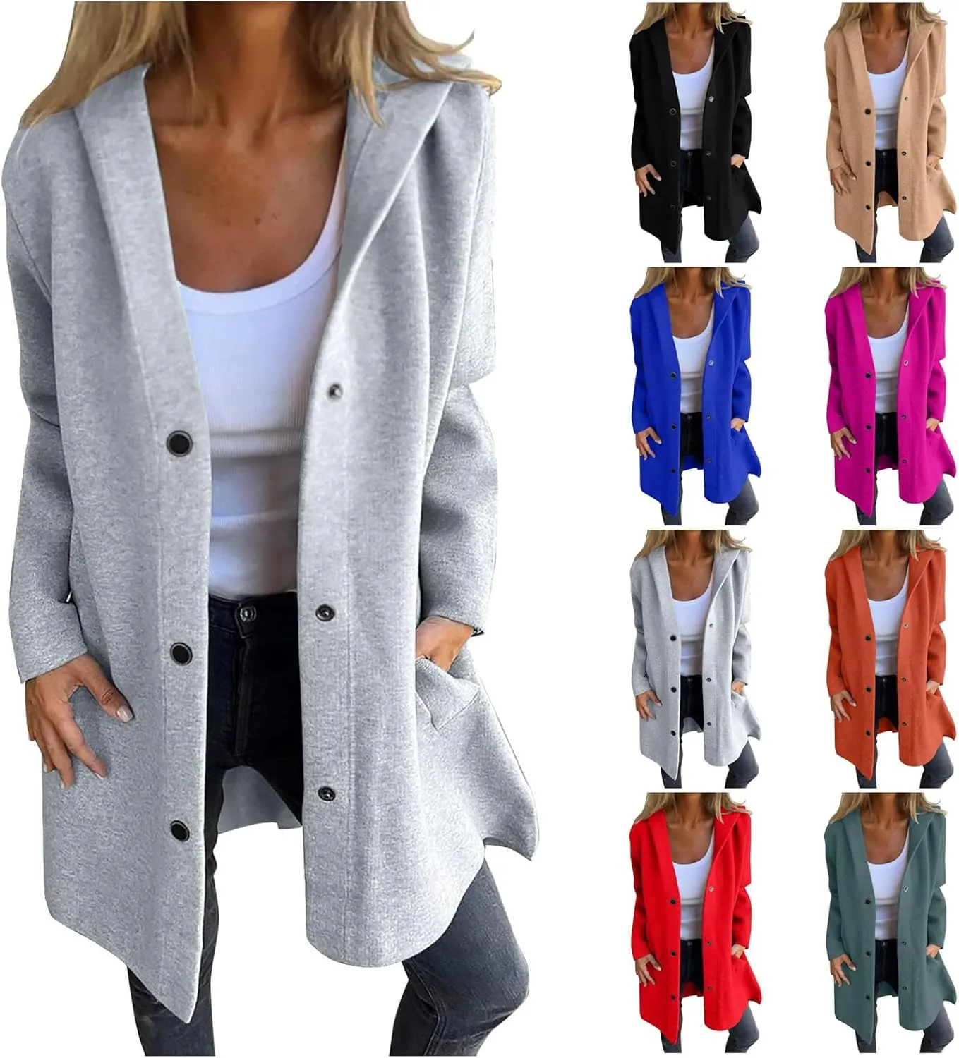 Trench Coat Women Dressy Casual Single Breasted Anoraks Hooded Jacket Lapel Neck Long Sleeve Coat Fall Winter Outwear