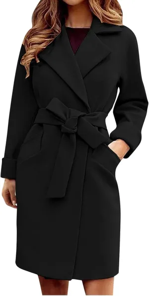 Trench Coats for Women Notch Lapel Jacket Dressy Long Pea Coat Fashion Outerwear Ladies Cardigan with Belt