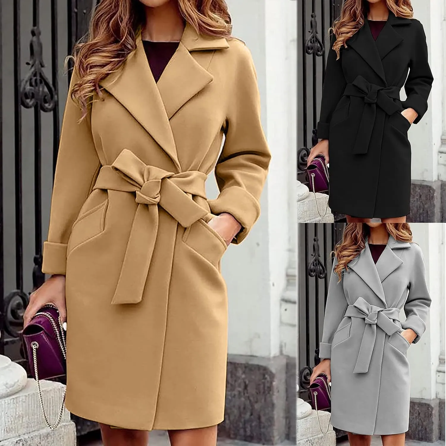 Trench Coats for Women Notch Lapel Jacket Dressy Long Pea Coat Fashion Outerwear Ladies Cardigan with Belt