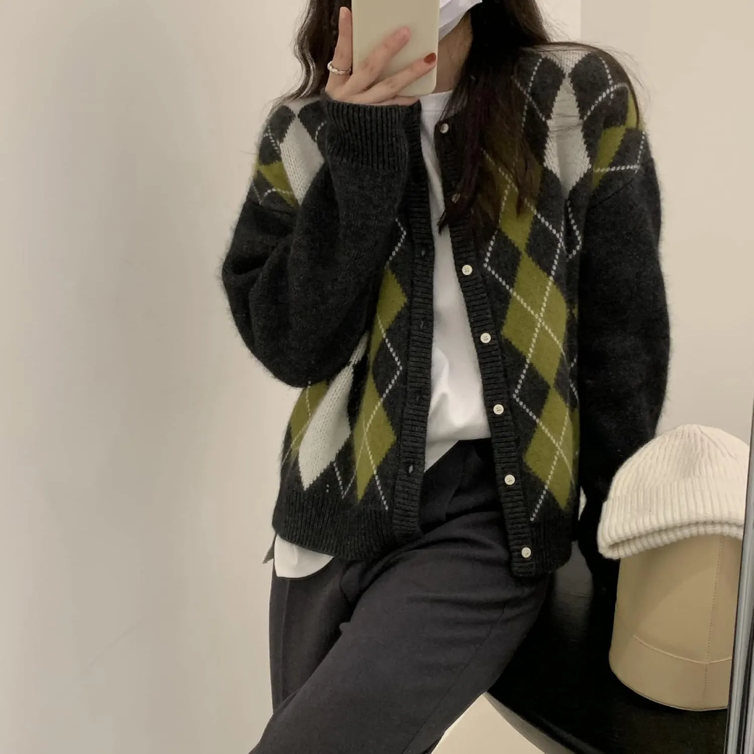 Trendy Fall Sweater for Women 2025 Grunge Argyle Plaid Preppy Y2K E-Girl Cardigan Chunky Knit Vintage Grandpa Sweater