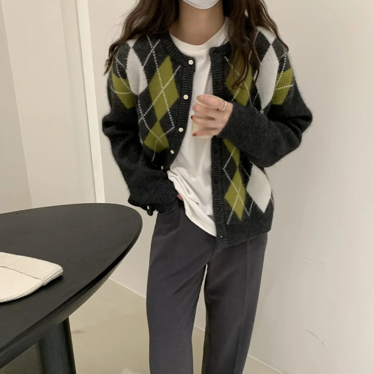 Trendy Fall Sweater for Women 2025 Grunge Argyle Plaid Preppy Y2K E-Girl Cardigan Chunky Knit Vintage Grandpa Sweater