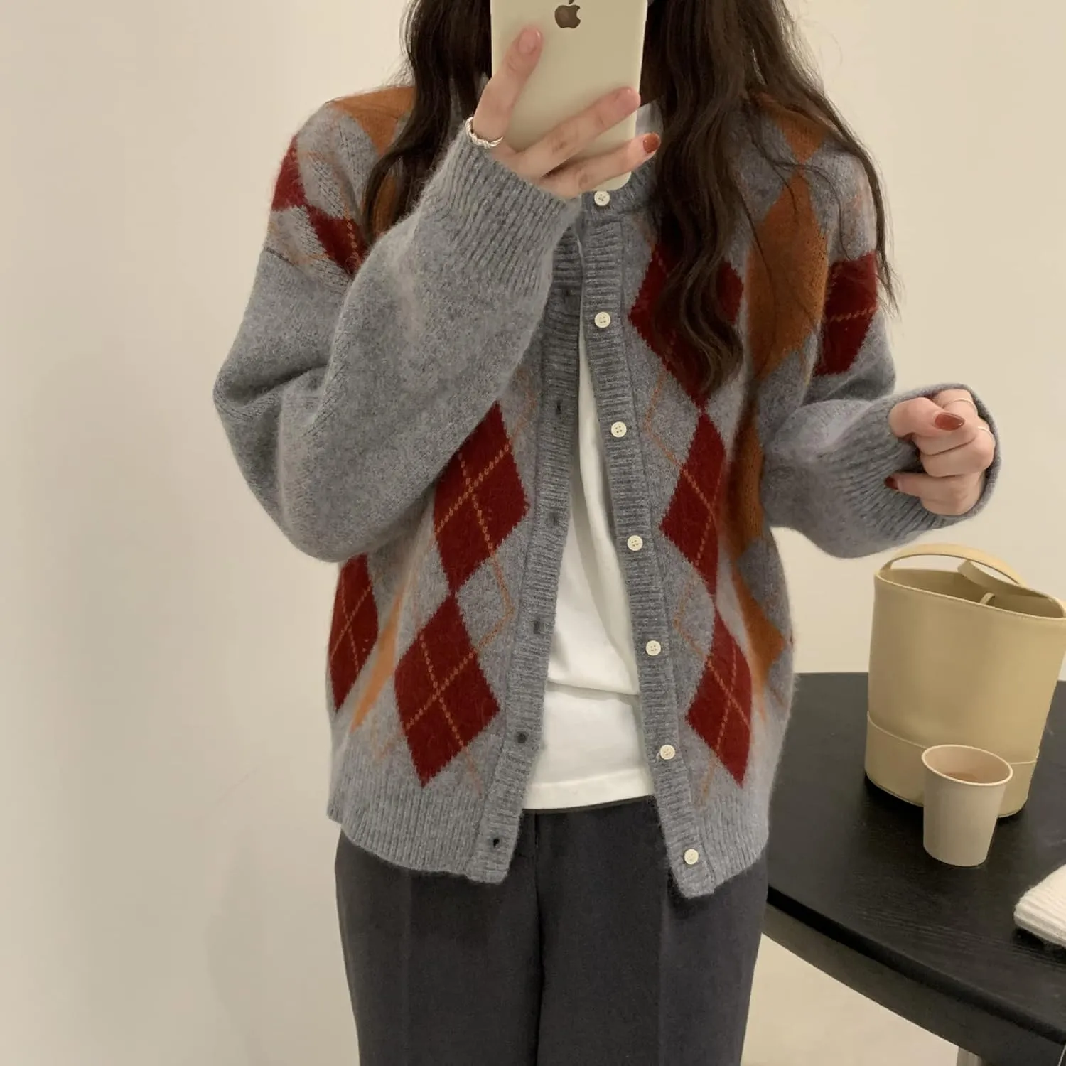 Trendy Fall Sweater for Women 2025 Grunge Argyle Plaid Preppy Y2K E-Girl Cardigan Chunky Knit Vintage Grandpa Sweater
