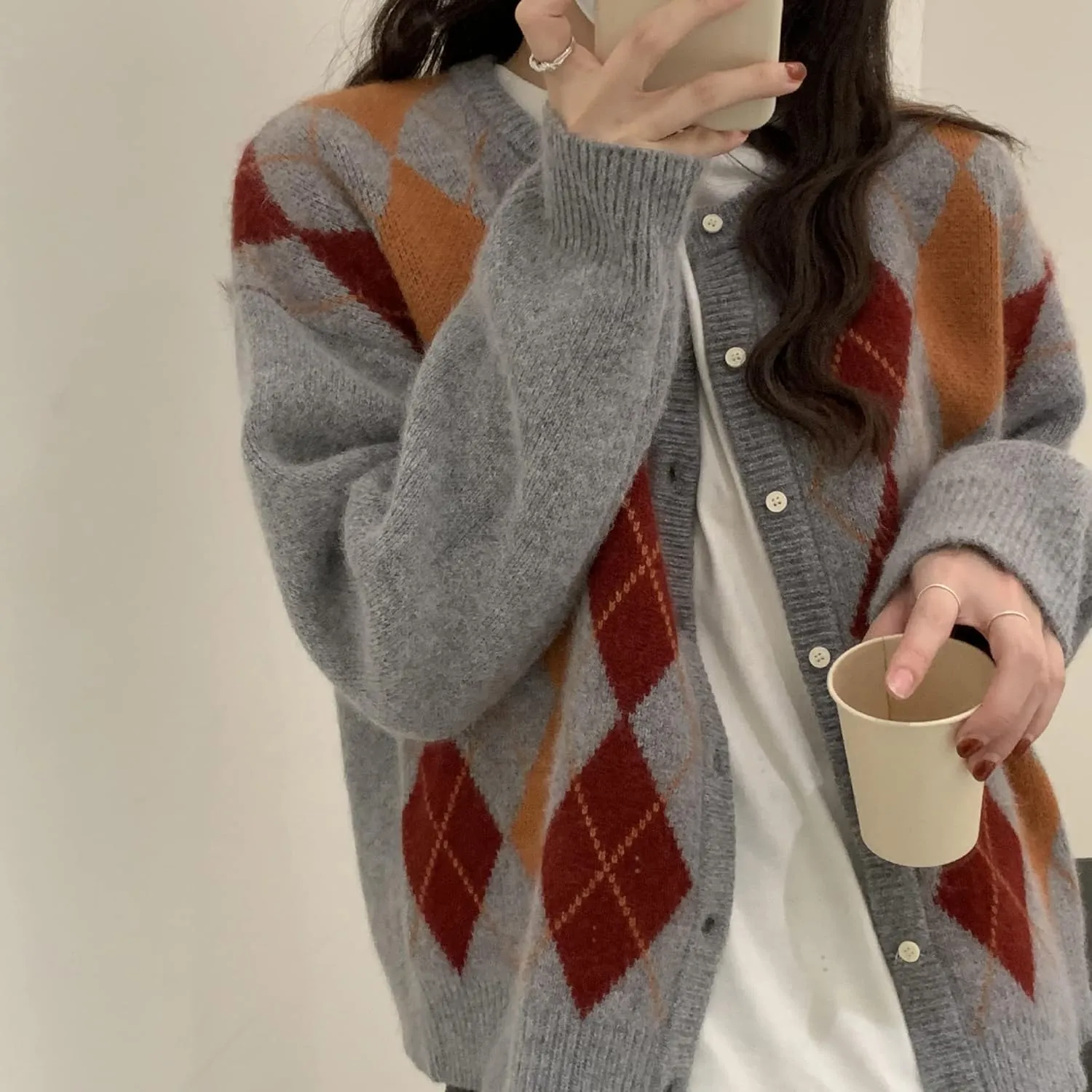 Trendy Fall Sweater for Women 2025 Grunge Argyle Plaid Preppy Y2K E-Girl Cardigan Chunky Knit Vintage Grandpa Sweater
