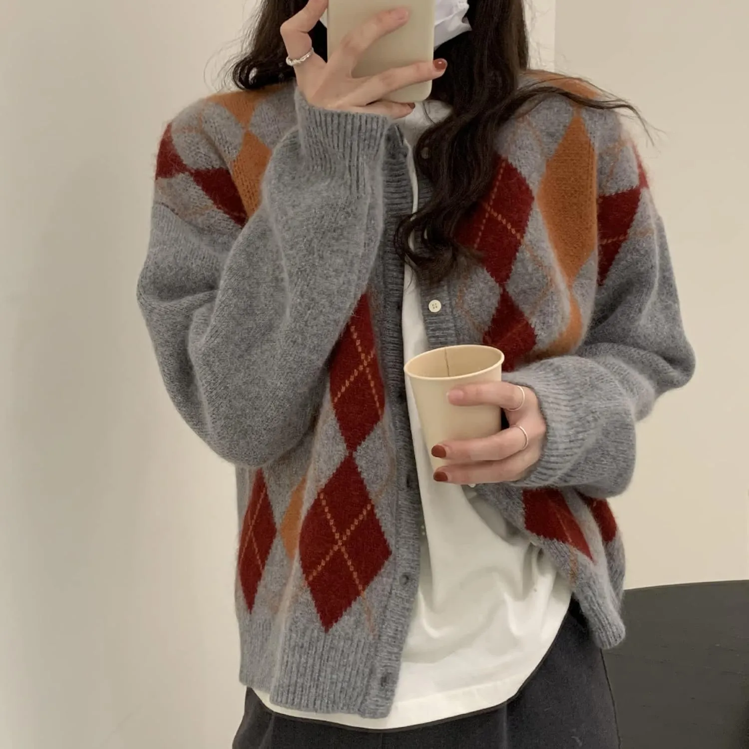 Trendy Fall Sweater for Women 2025 Grunge Argyle Plaid Preppy Y2K E-Girl Cardigan Chunky Knit Vintage Grandpa Sweater