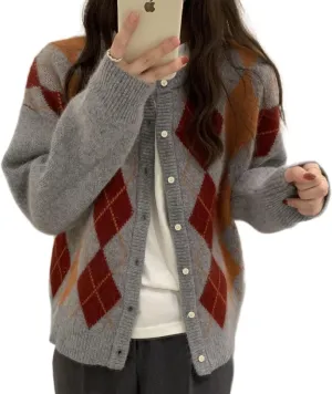 Trendy Fall Sweater for Women 2025 Grunge Argyle Plaid Preppy Y2K E-Girl Cardigan Chunky Knit Vintage Grandpa Sweater