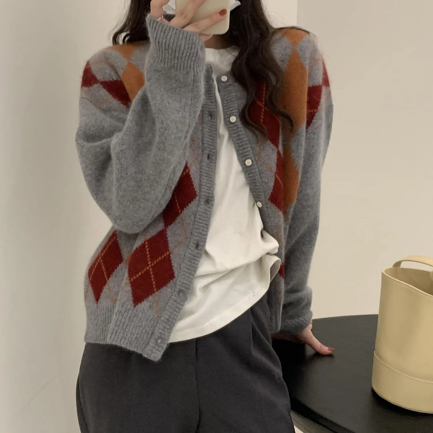 Trendy Fall Sweater for Women 2025 Grunge Argyle Plaid Preppy Y2K E-Girl Cardigan Chunky Knit Vintage Grandpa Sweater