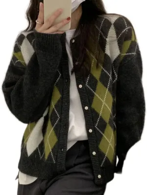 Trendy Fall Sweater for Women 2025 Grunge Argyle Plaid Preppy Y2K E-Girl Cardigan Chunky Knit Vintage Grandpa Sweater