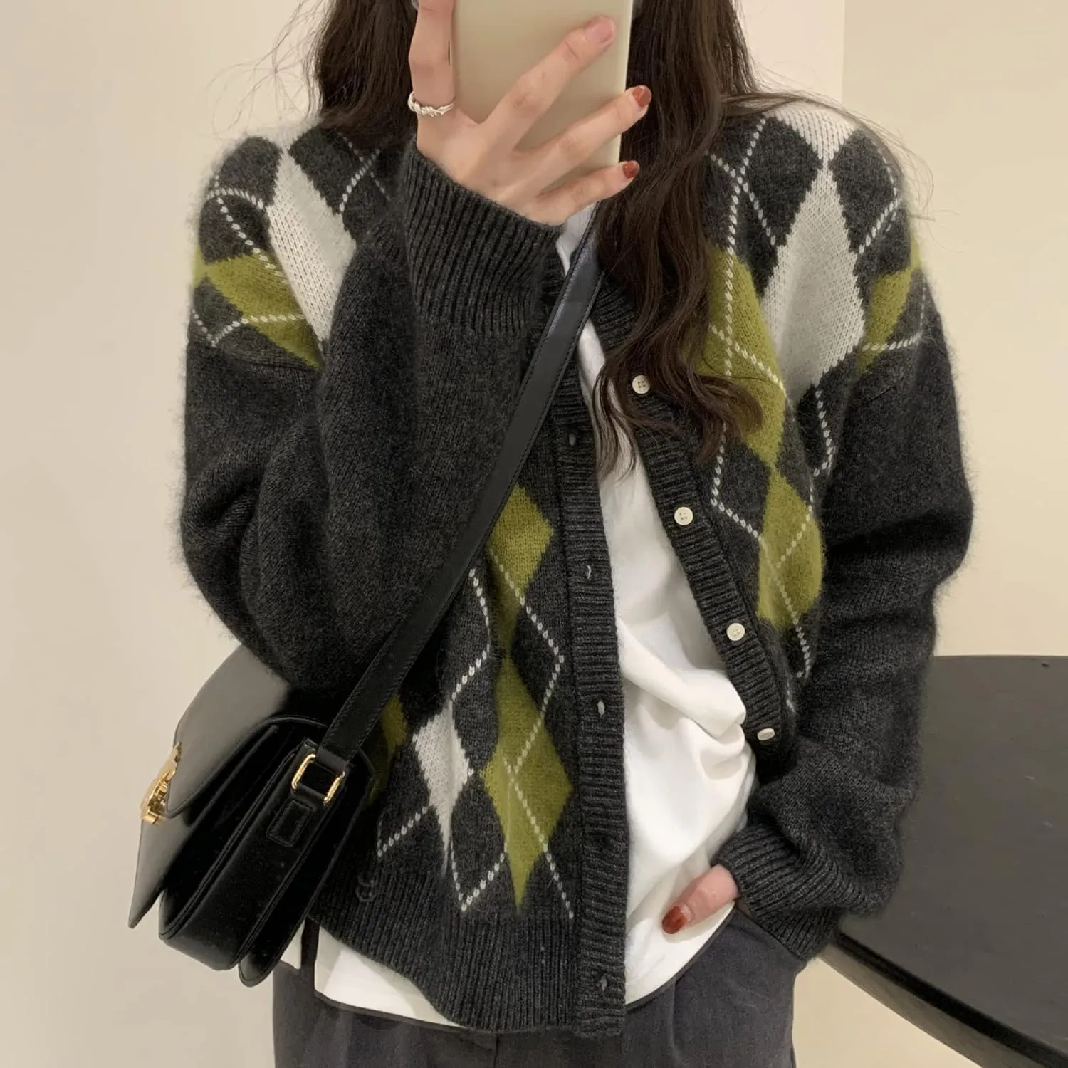 Trendy Fall Sweater for Women 2025 Grunge Argyle Plaid Preppy Y2K E-Girl Cardigan Chunky Knit Vintage Grandpa Sweater