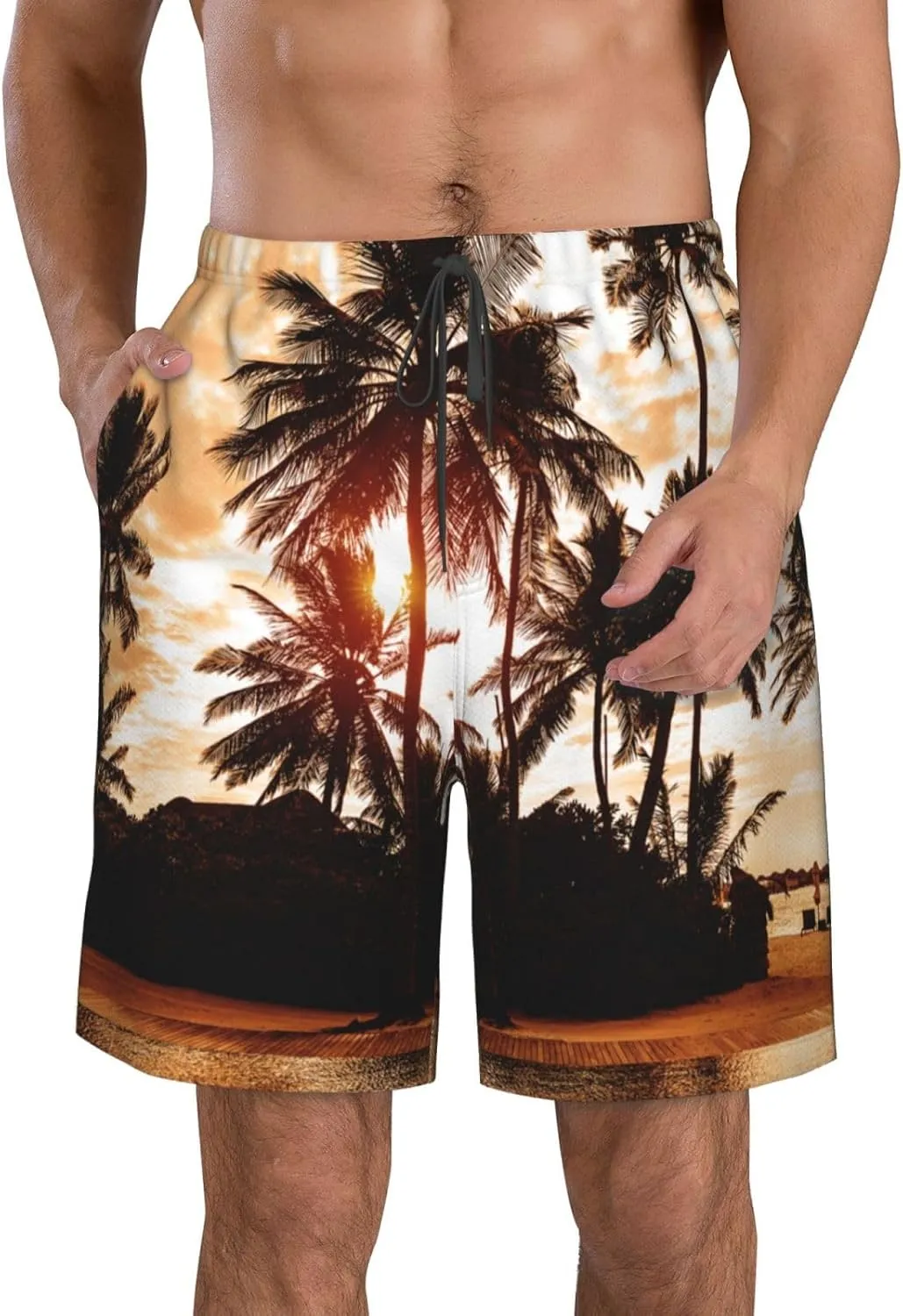 Tropical Sea Beach Palm Tree Sunset Men's Beach Shorts Quick Dry Swim Trunks Board Shorts