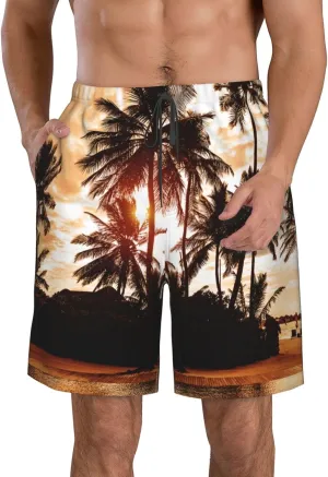 Tropical Sea Beach Palm Tree Sunset Men's Beach Shorts Quick Dry Swim Trunks Board Shorts