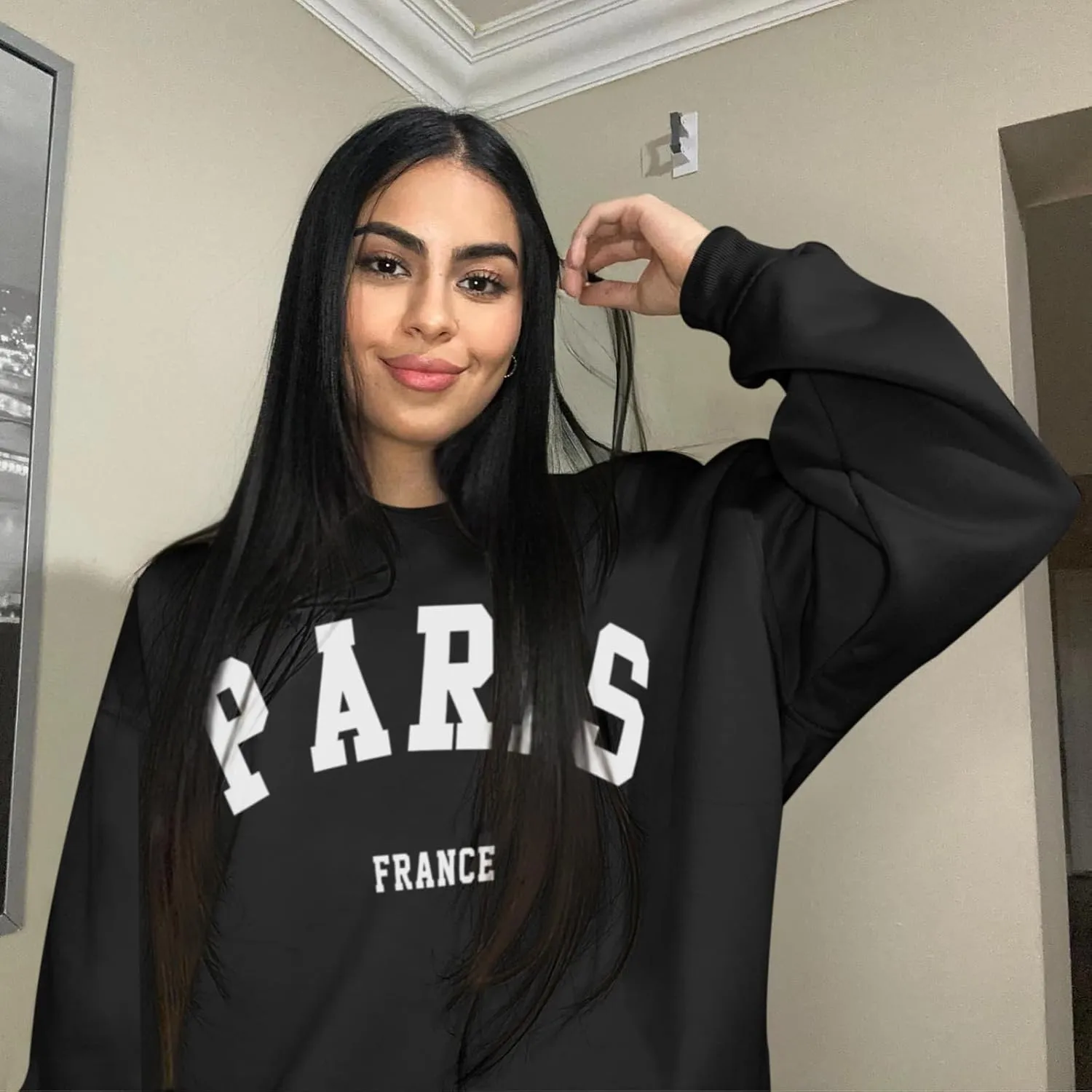 Tuislay Paris College Sweatshirt for Women Oversized Trendy Comfy Crewneck Sweatshirts Casual Graphic Pullover Tops Unisex