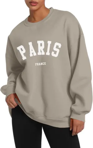 Tuislay Paris College Sweatshirt for Women Oversized Trendy Comfy Crewneck Sweatshirts Casual Graphic Pullover Tops Unisex