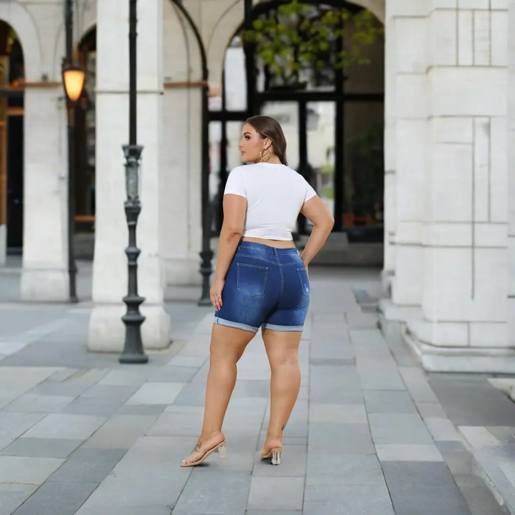 Tulucky Women Plus Size Jean Shorts High Waist Cute Distressed Ripped Folded Hem Denim Shorts