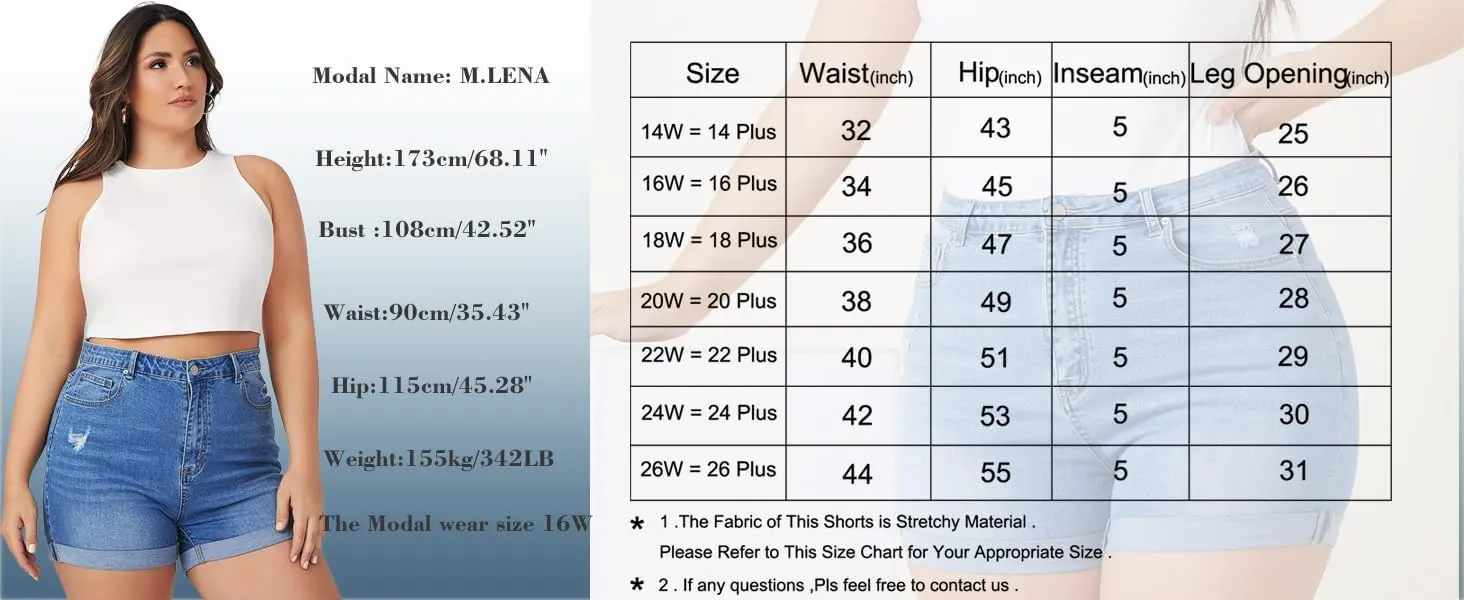 Tulucky Women Plus Size Jean Shorts High Waist Cute Distressed Ripped Folded Hem Denim Shorts