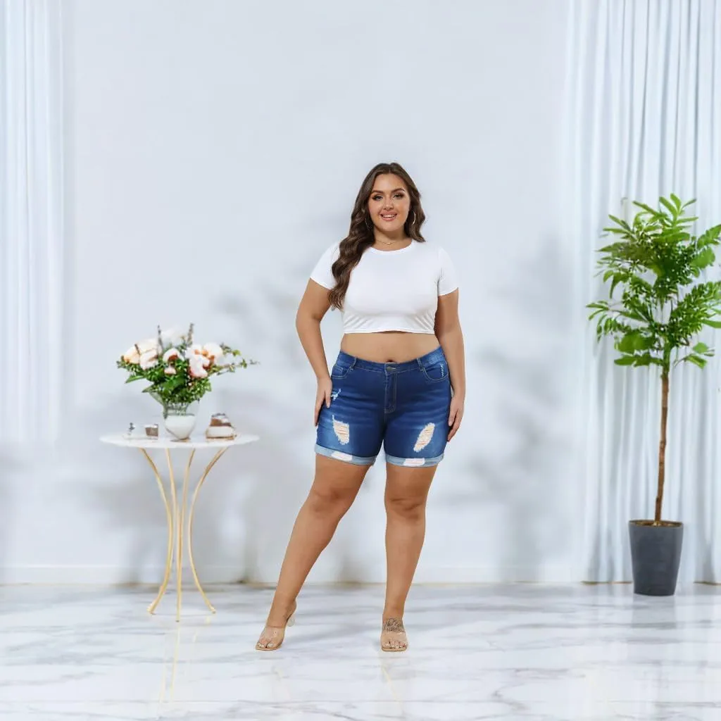 Tulucky Women Plus Size Jean Shorts High Waist Cute Distressed Ripped Folded Hem Denim Shorts