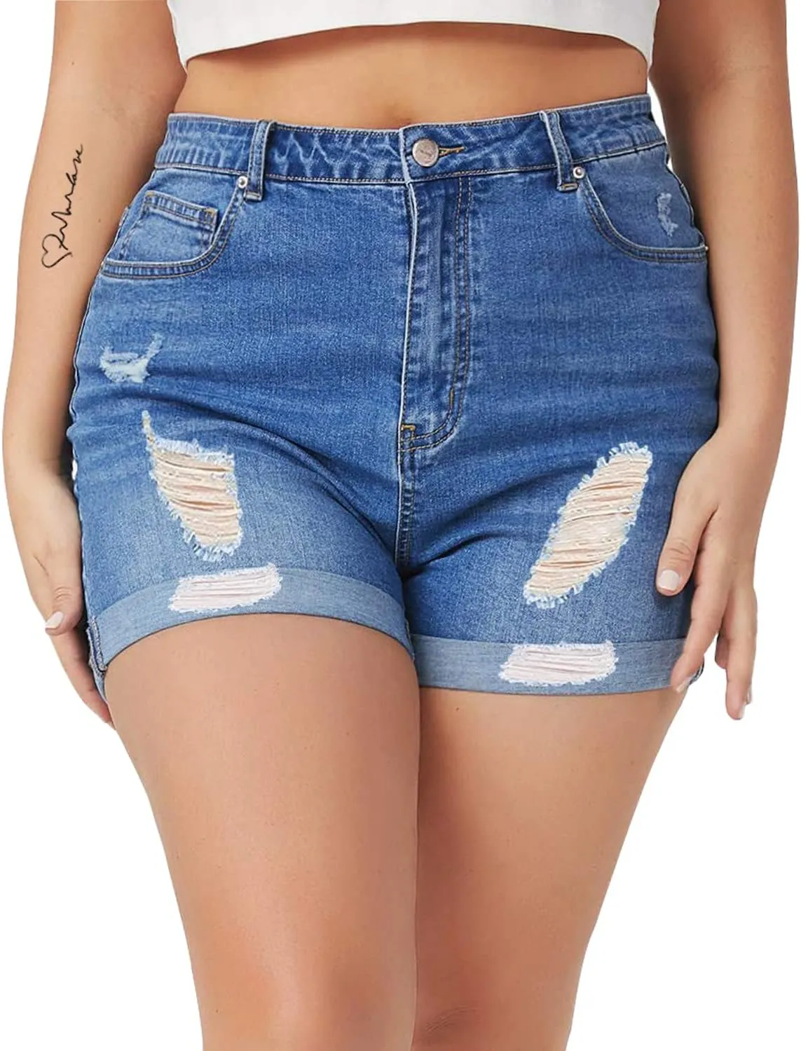 Tulucky Women Plus Size Jean Shorts High Waist Cute Distressed Ripped Folded Hem Denim Shorts