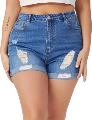 Tulucky Women Plus Size Jean Shorts High Waist Cute Distressed Ripped Folded Hem Denim Shorts