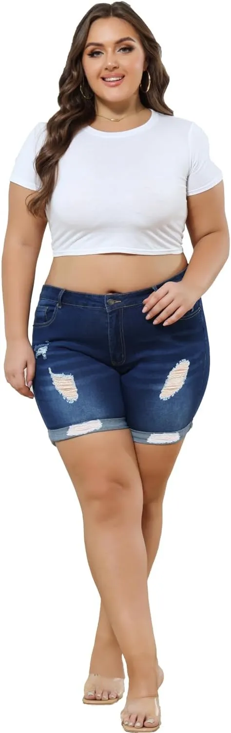 Tulucky Women Plus Size Jean Shorts High Waist Cute Distressed Ripped Folded Hem Denim Shorts