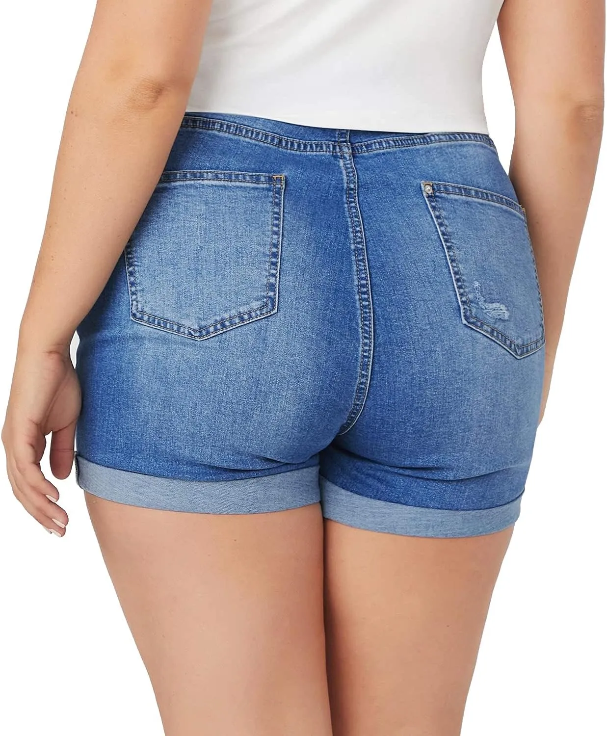 Tulucky Women Plus Size Jean Shorts High Waist Cute Distressed Ripped Folded Hem Denim Shorts