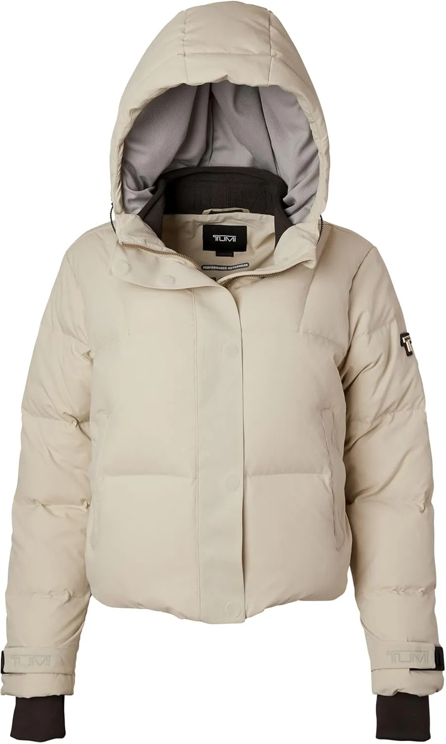 TUMI Women's Down-Filled Quilted Cropped Puffer Coat - Jacquard Collar Coat with Magnetic Closures & Storm Cuffs