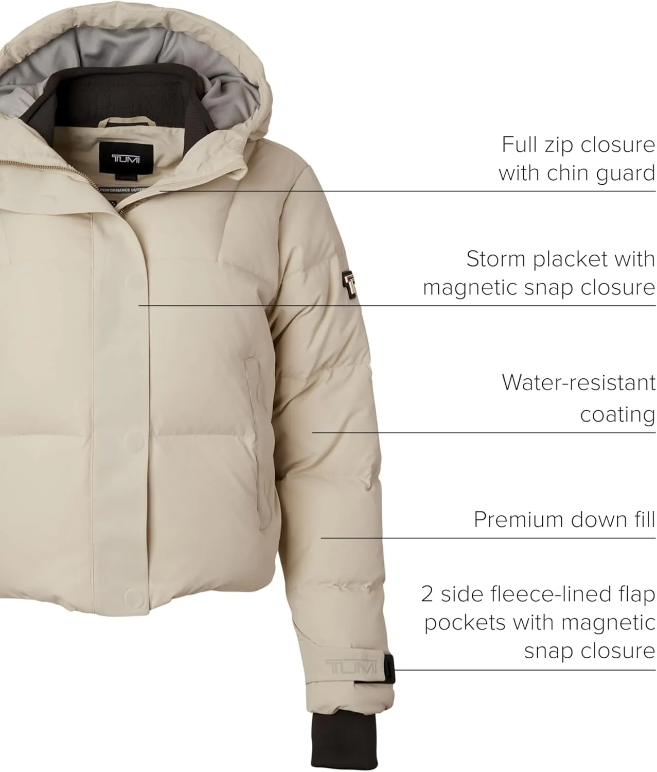 TUMI Women's Down-Filled Quilted Cropped Puffer Coat - Jacquard Collar Coat with Magnetic Closures & Storm Cuffs