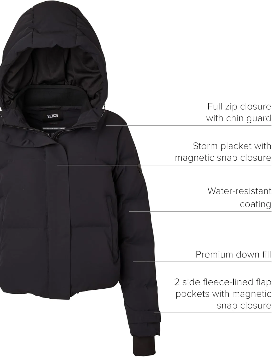 TUMI Women's Down-Filled Quilted Cropped Puffer Coat - Jacquard Collar Coat with Magnetic Closures & Storm Cuffs
