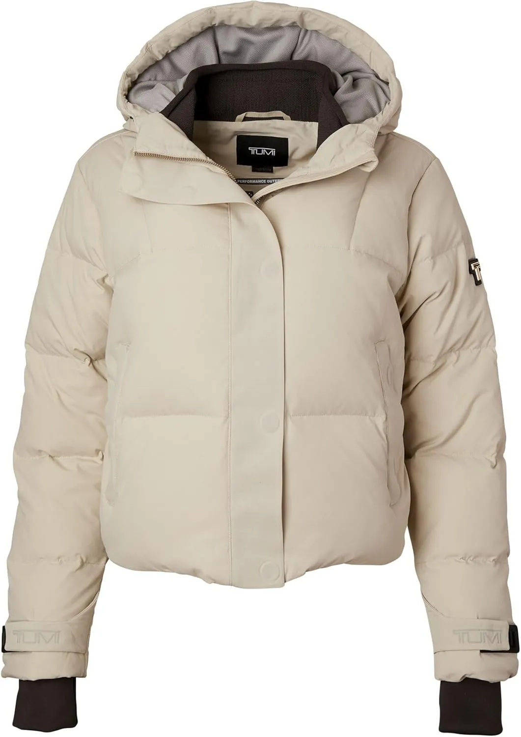 TUMI Women's Down-Filled Quilted Cropped Puffer Coat - Jacquard Collar Coat with Magnetic Closures & Storm Cuffs
