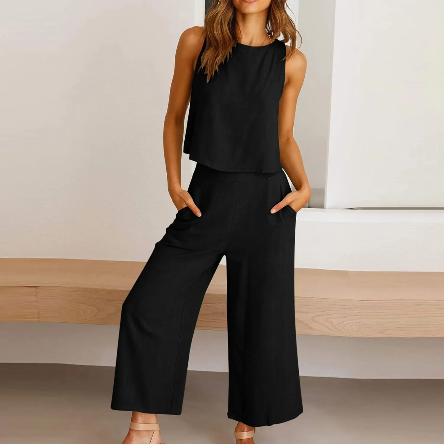 Two Piece Linen Sets for Women Pants Casual Dressy Outfit Sleeveless Crop Tank Wide Leg Pants Sets Matching Loungewear