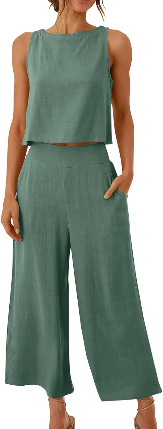 Two Piece Linen Sets for Women Pants Casual Dressy Outfit Sleeveless Crop Tank Wide Leg Pants Sets Matching Loungewear