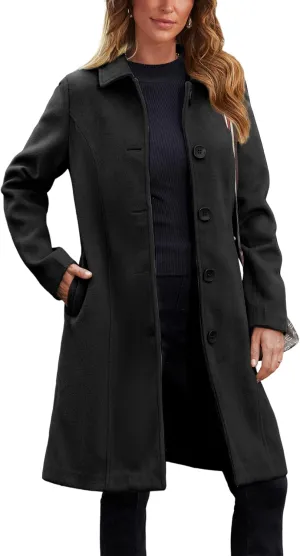 UANEO Womens Peacoat Faux Wool Blend Single Breasted Long Trench Coat Dress Overcoat Winter with Pockets