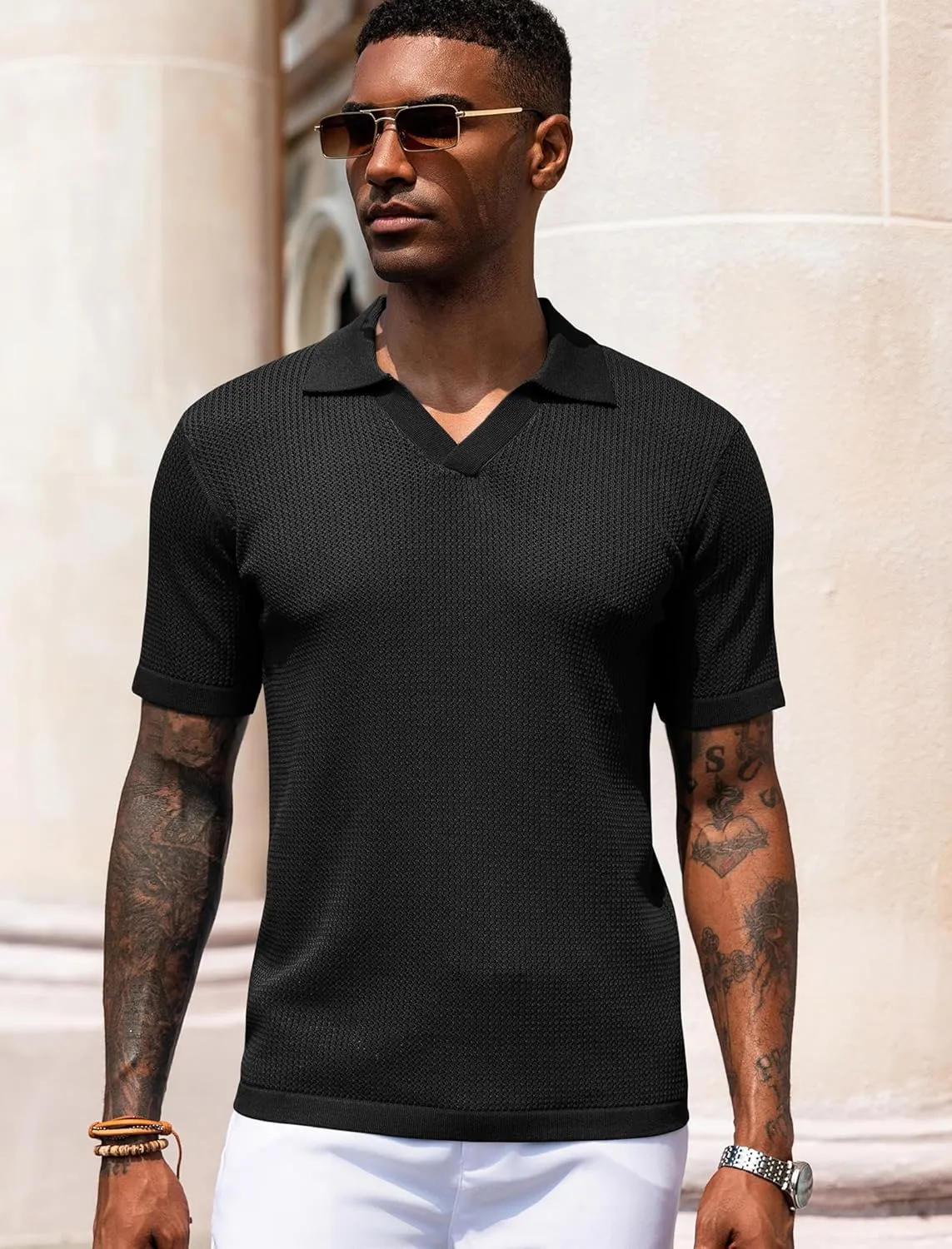 URRU Mens Muscle Polo Shirt Casual Short Sleeve Hollow Out Knit Shirts V Neck Mesh Beach Polo Shirt