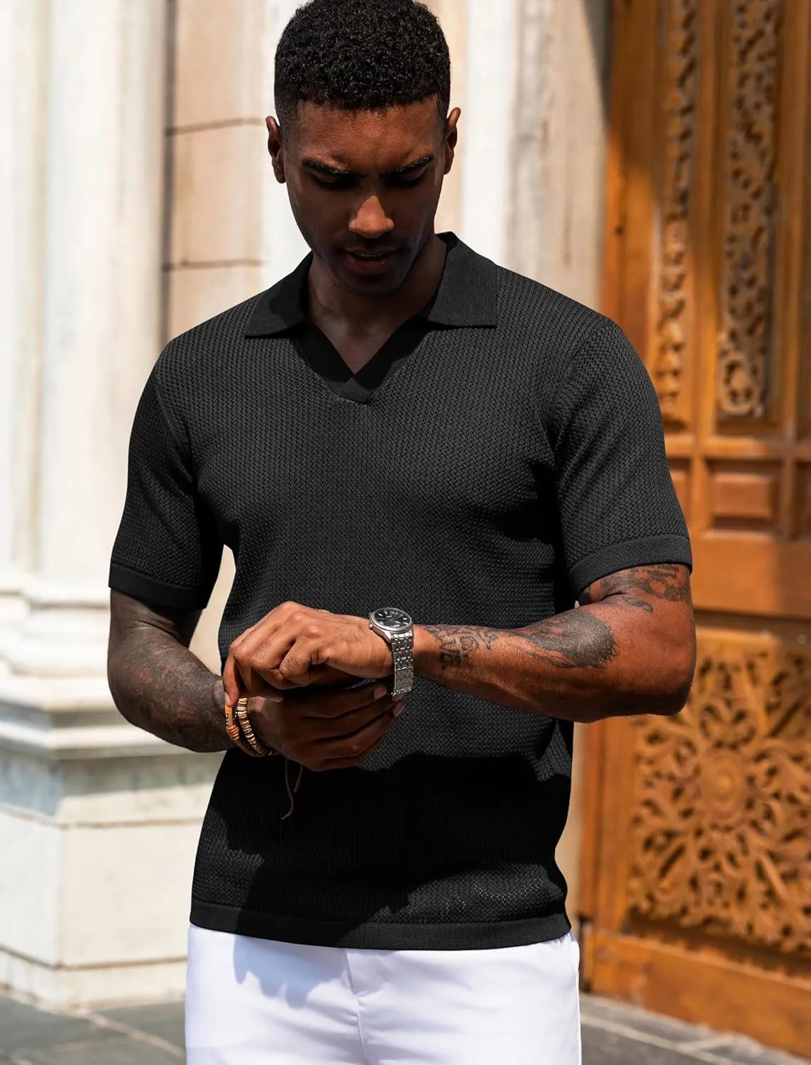 URRU Mens Muscle Polo Shirt Casual Short Sleeve Hollow Out Knit Shirts V Neck Mesh Beach Polo Shirt