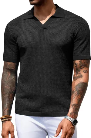 URRU Mens Muscle Polo Shirt Casual Short Sleeve Hollow Out Knit Shirts V Neck Mesh Beach Polo Shirt