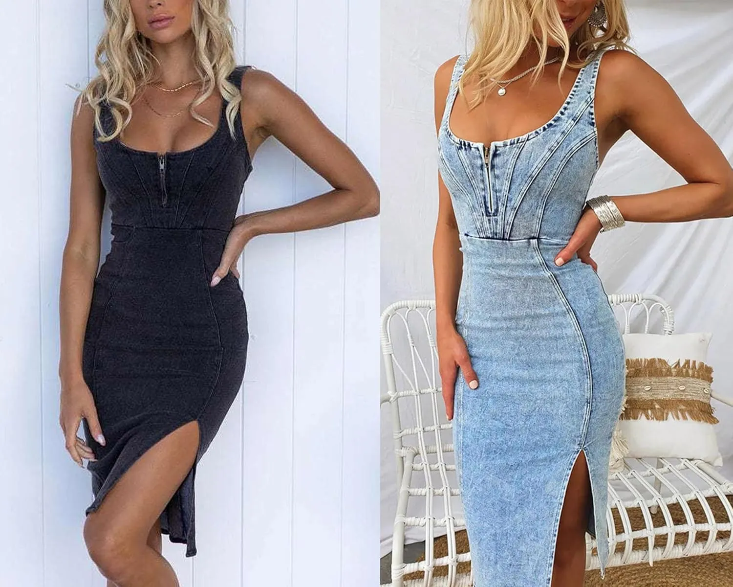 utcoco Denim Dress for Women Sleeveless Side Slit Bodycon Midi Jean Dresses for Women 2025