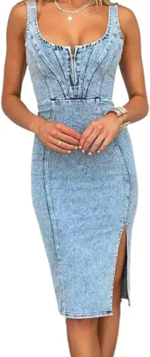 utcoco Denim Dress for Women Sleeveless Side Slit Bodycon Midi Jean Dresses for Women 2025