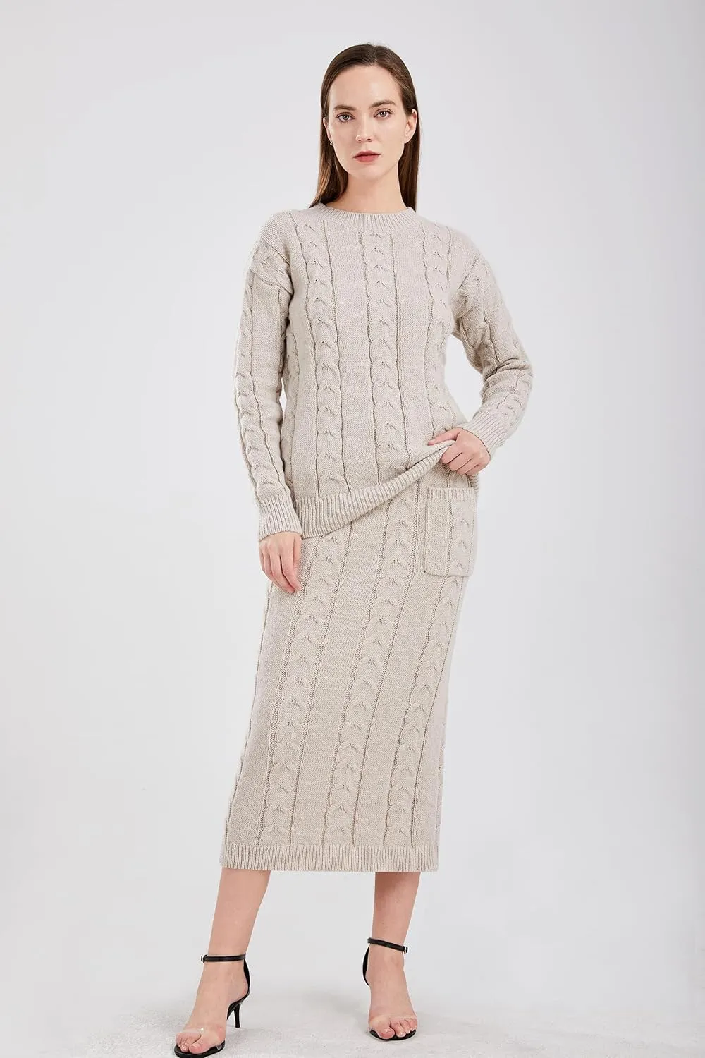 utcoco Womens Sweater Sets Winter Chunky Cable Knit 2 Piece Outfits Sweater Skirt Set