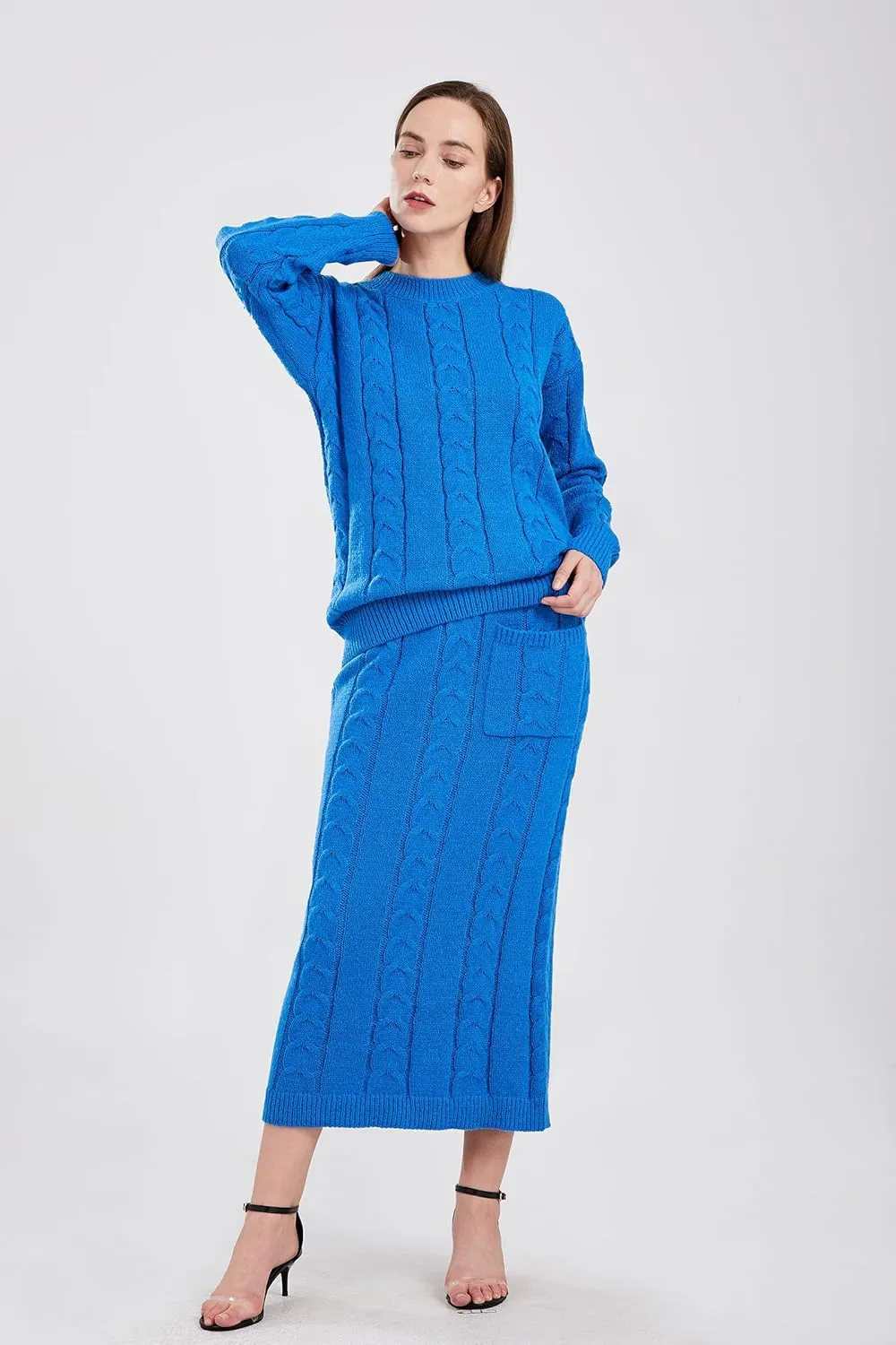 utcoco Womens Sweater Sets Winter Chunky Cable Knit 2 Piece Outfits Sweater Skirt Set