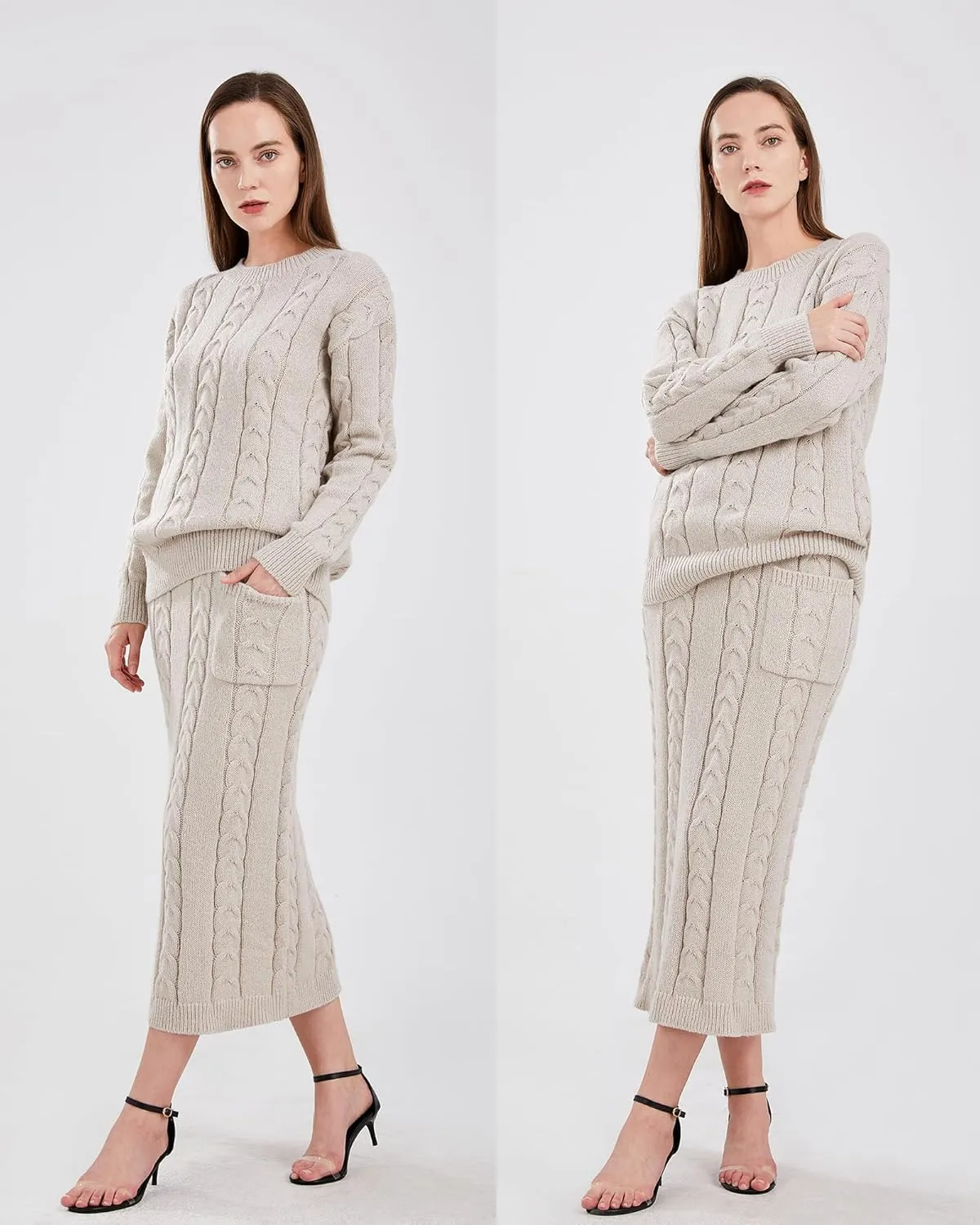 utcoco Womens Sweater Sets Winter Chunky Cable Knit 2 Piece Outfits Sweater Skirt Set