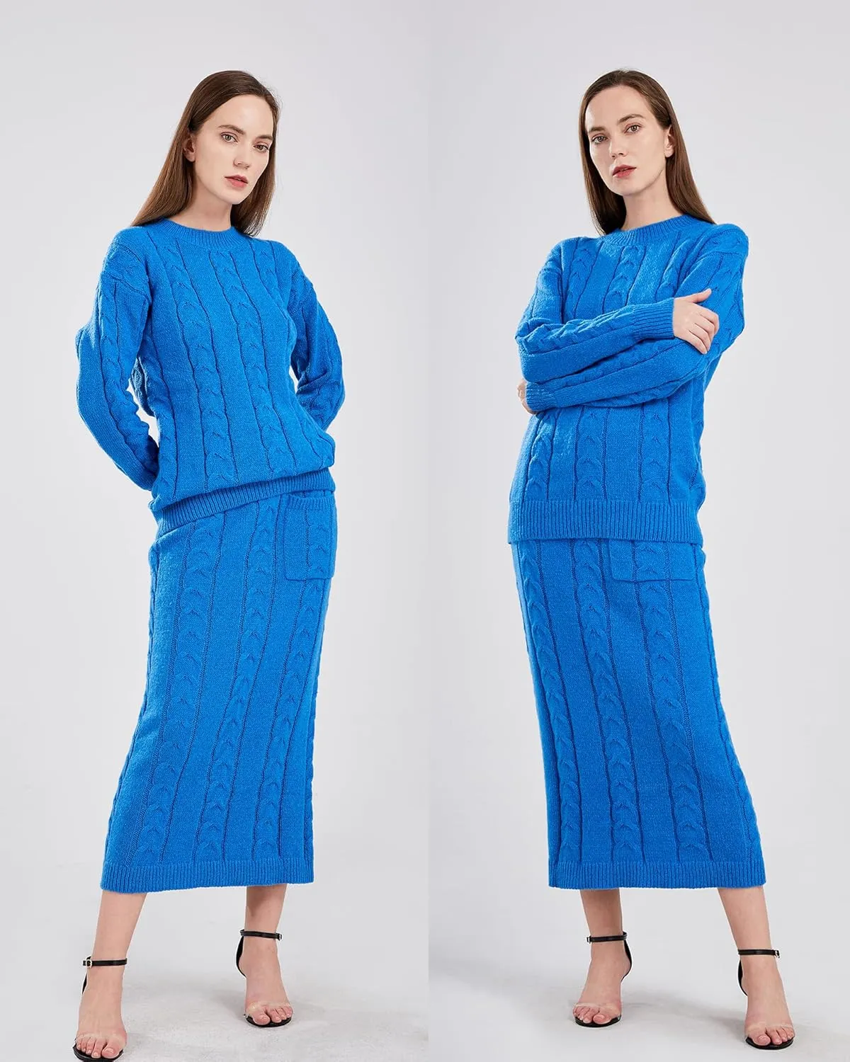 utcoco Womens Sweater Sets Winter Chunky Cable Knit 2 Piece Outfits Sweater Skirt Set