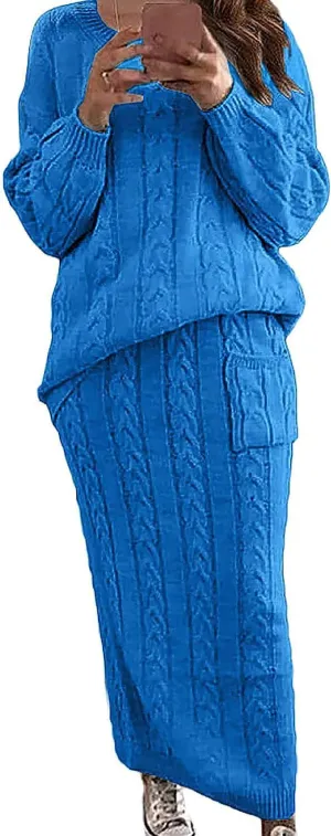 utcoco Womens Sweater Sets Winter Chunky Cable Knit 2 Piece Outfits Sweater Skirt Set