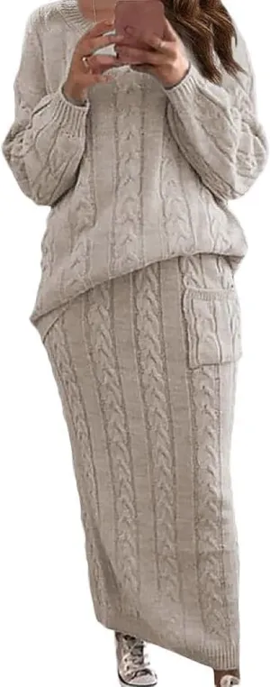 utcoco Womens Sweater Sets Winter Chunky Cable Knit 2 Piece Outfits Sweater Skirt Set