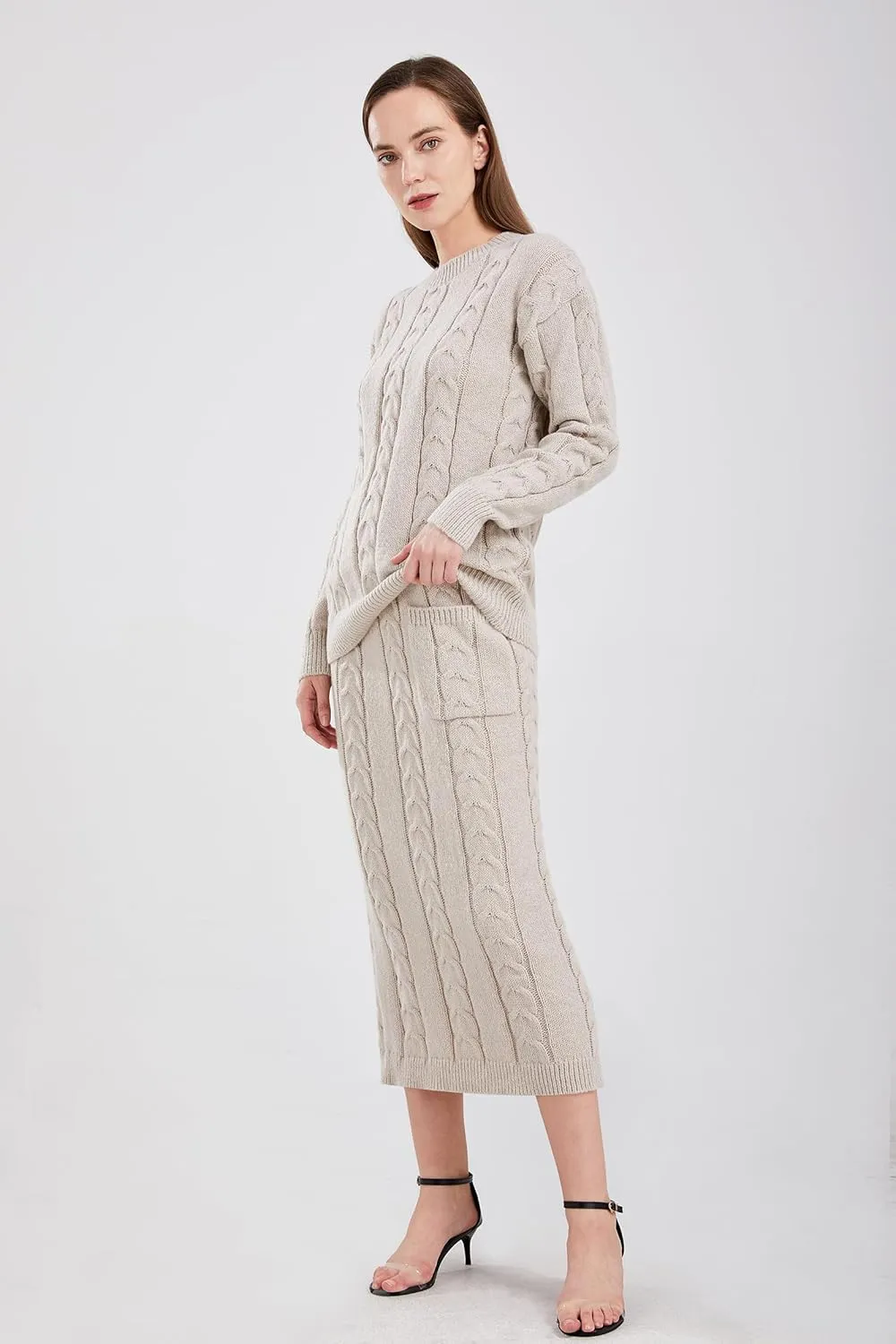 utcoco Womens Sweater Sets Winter Chunky Cable Knit 2 Piece Outfits Sweater Skirt Set