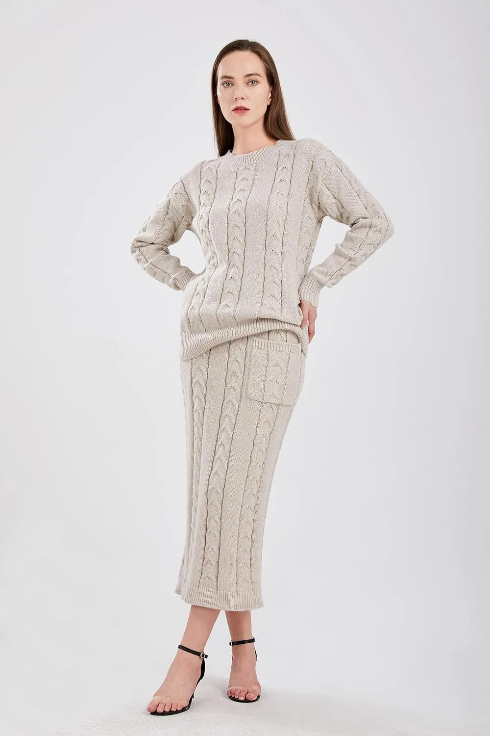 utcoco Womens Sweater Sets Winter Chunky Cable Knit 2 Piece Outfits Sweater Skirt Set